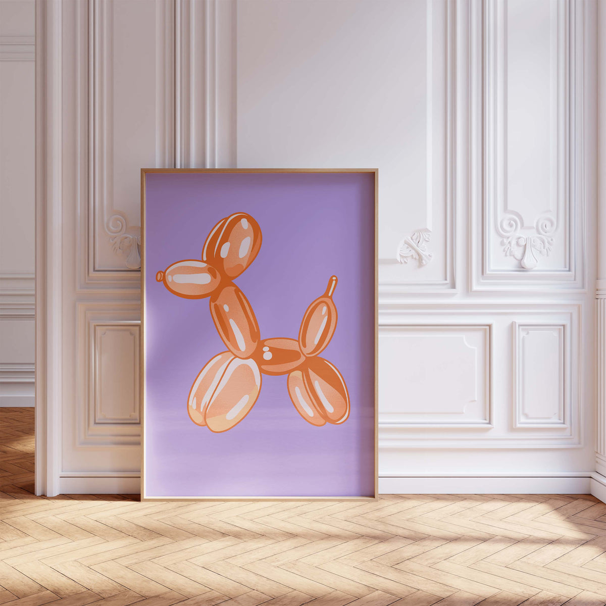 Balloon Dog Poster · Orange Hund Skulptur · Pop Art Ästhetik · Minimalistisches Design · Lila Hintergrund · Print ohne Rahmen