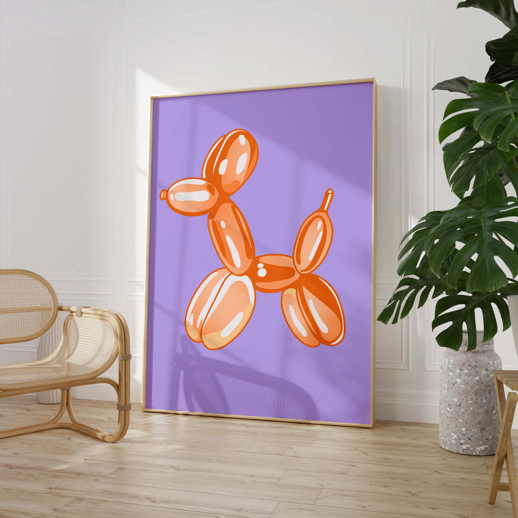 Balloon Dog Poster · Orange Hund Skulptur · Pop Art Ästhetik · Minimalistisches Design · Lila Hintergrund · Print ohne Rahmen