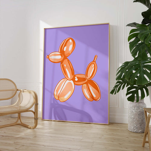 Balloon Dog Poster · Orange Hund Skulptur · Pop Art Ästhetik · Minimalistisches Design · Lila Hintergrund · Print ohne Rahmen