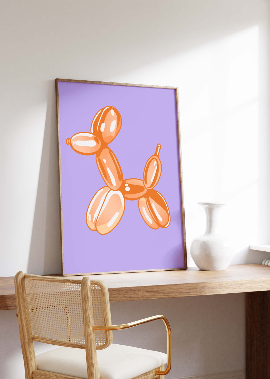 Balloon Dog Poster · Orange Hund Skulptur · Pop Art Ästhetik · Minimalistisches Design · Lila Hintergrund · Print ohne Rahmen