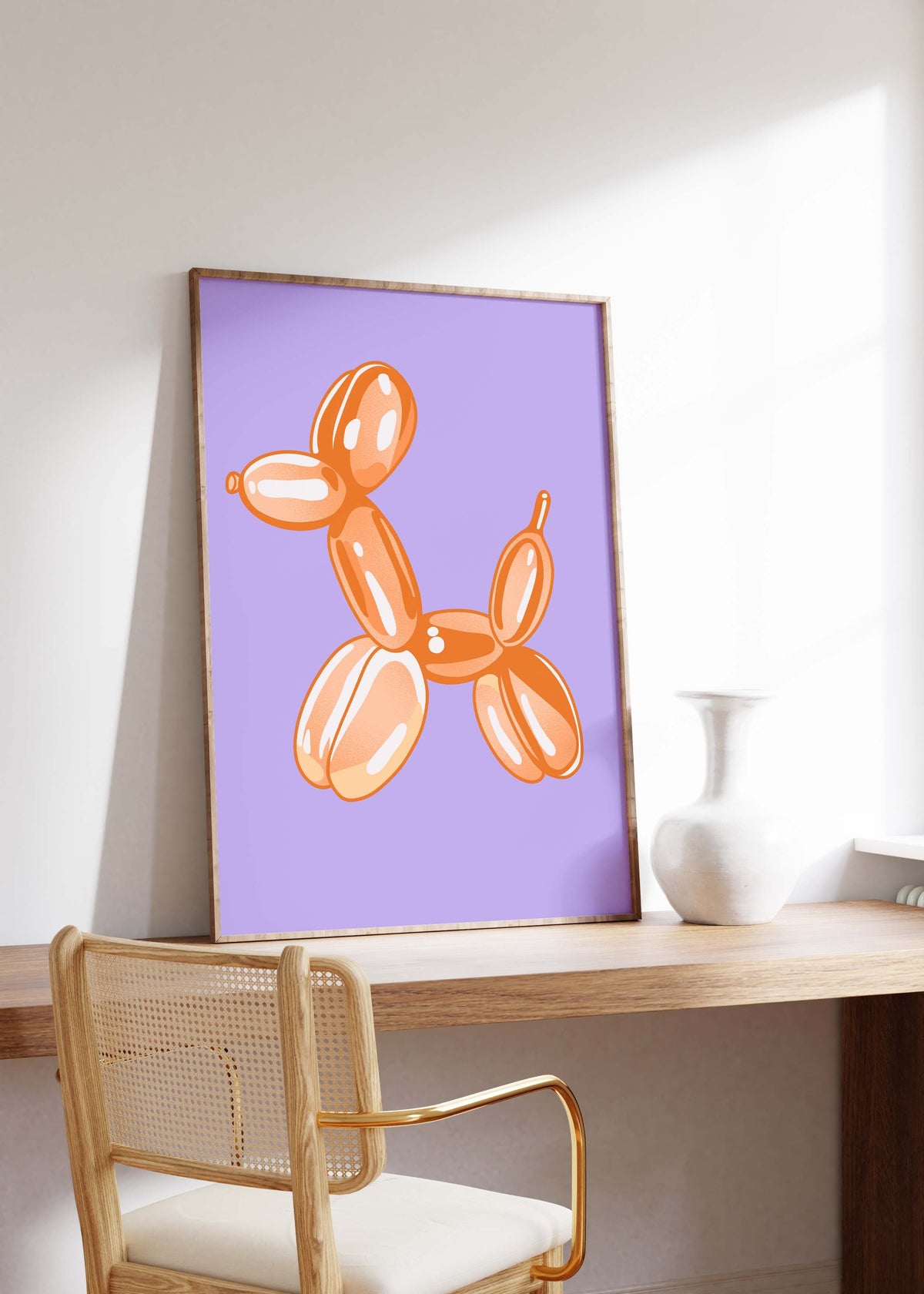 Balloon Dog Poster · Orange Hund Skulptur · Pop Art Ästhetik · Minimalistisches Design · Lila Hintergrund · Print ohne Rahmen
