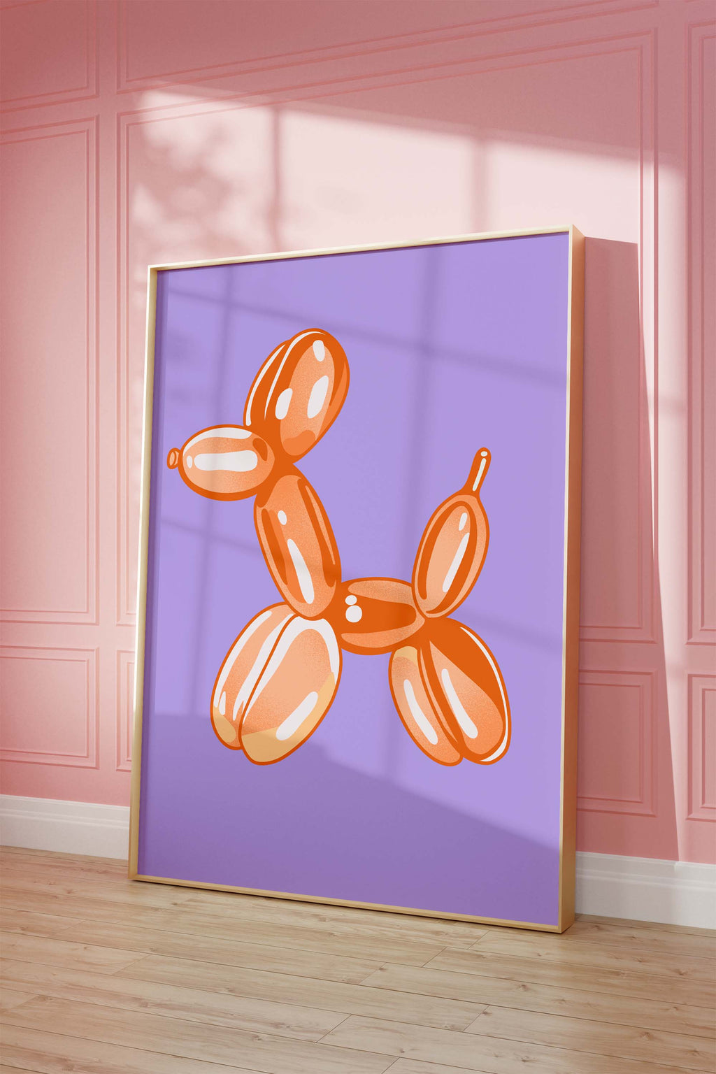 Balloon Dog Poster · Orange Hund Skulptur · Pop Art Ästhetik · Minimalistisches Design · Lila Hintergrund · Print ohne Rahmen