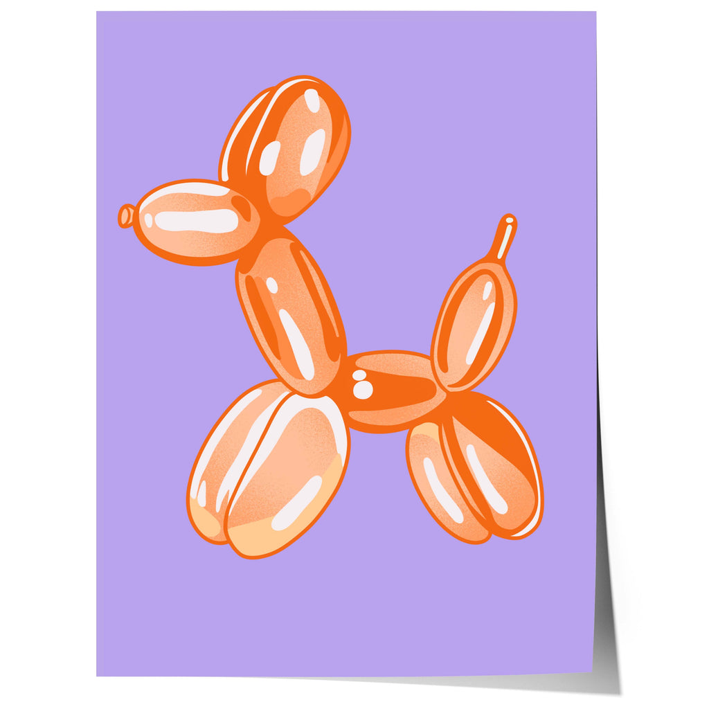 Balloon Dog Poster · Orange Hund Skulptur · Pop Art Ästhetik · Minimalistisches Design · Lila Hintergrund · Print ohne Rahmen